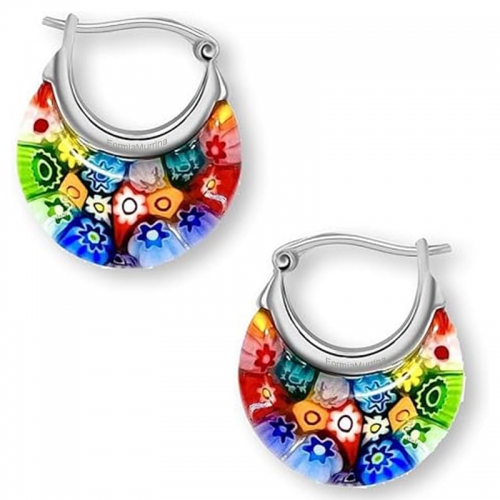 Colorful Murano Style Millefiori Glass Hoop Earrings for Women