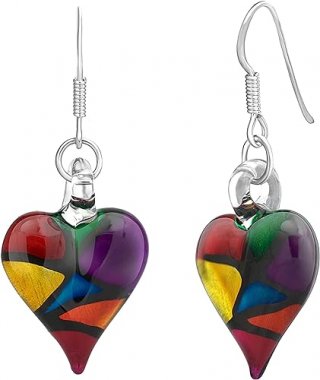 Sterling Silver Hand Blown Glass Mosaic Heart Dangle Earrings